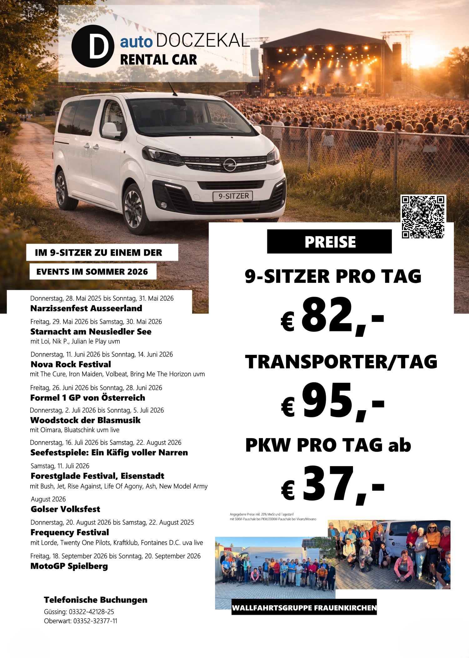 Leihwagen für 2026 Termine, Nova Rock, Starnacht, Forestglade, Seefestspiele, MotoGP uvm